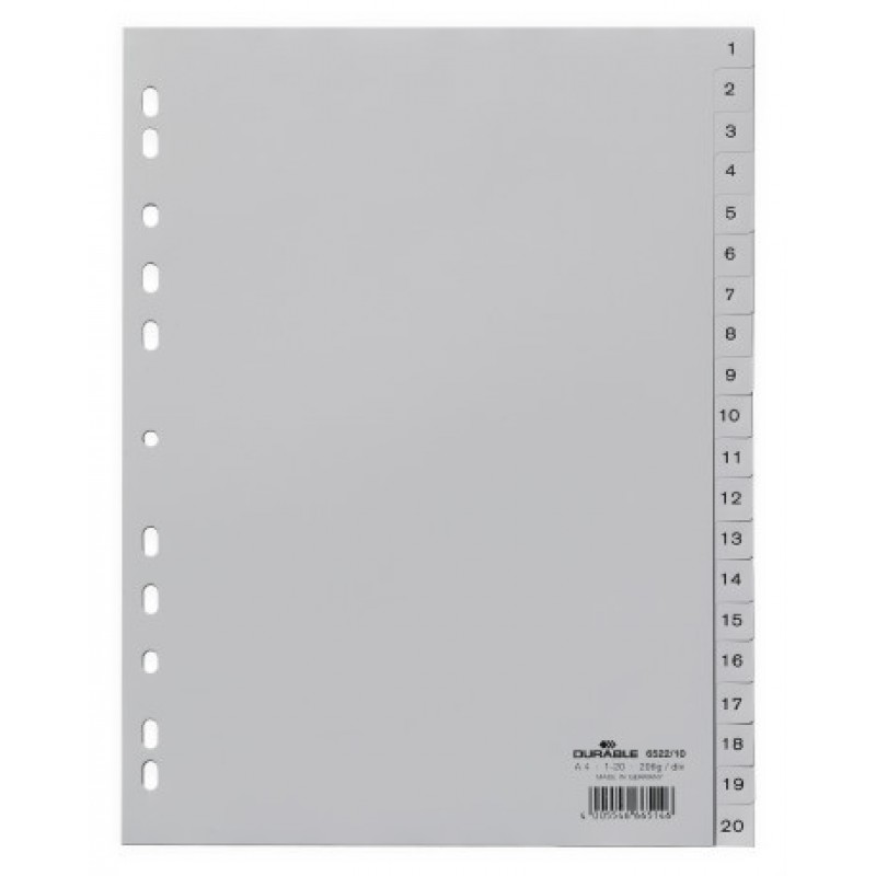 DURABLE 6522 10 GREY INDEXES WITH PRINTED AND COLOURED TABS 1-20